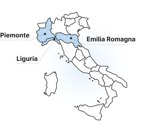 mappa dell'Italia con evidenza della visione per regioni: sono evidenziate con colore blu e viene indicato il nome per Emilia Romagna, Liguria e Piemonte