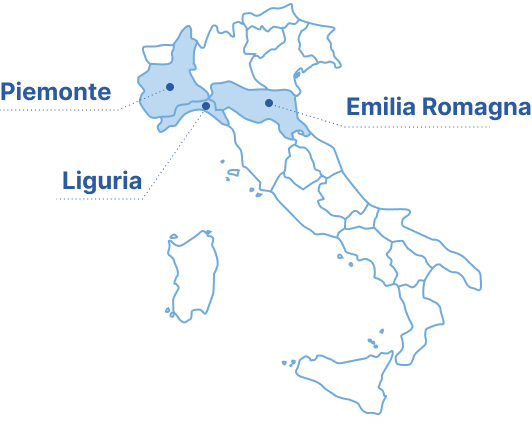 mappa dell'Italia con evidenza della visione per regioni: sono evidenziate con colore blu e viene indicato il nome per Emilia Romagna, Liguria e Piemonte