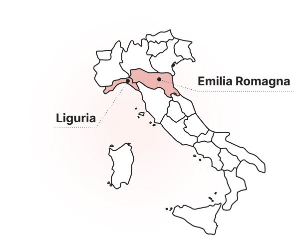 mappa dell'Italia, con evidenziate in rosso le regioni Emilia Romagna e Liguria